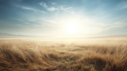 Plain horizon aftersun concept of openness and uncertainty copy space minimal freedom theme ethereal Double exposure open grassland backdrop. 