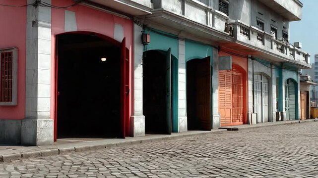 Colorful Building Arches and Street: Captivating a row of vibrant arches along an urban street. The contrasting hues and open doorways beckon the viewer into a scene of architectural charm. 