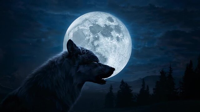 Howling lone gray wolf raising then lowering muzzle in response to full moon at nighttime clearing
