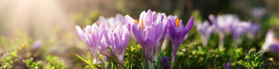 Naklejka premium Blooming purple crocus flowers in sunlit garden setting