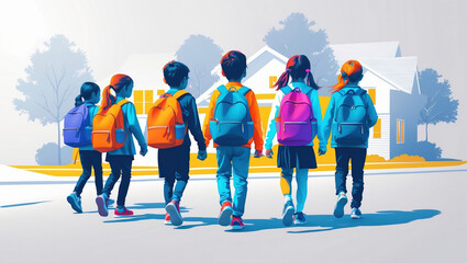 Group of schoolchildren walking together with backpacks in a suburban neighborhood on a sunny day