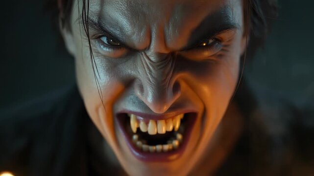 Snarling male actor playing predator at studio closeup, leaning forward, baring canines after spark