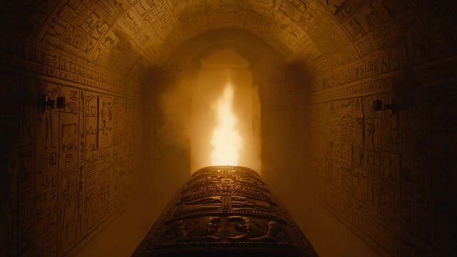 Faint glow sparking sarcophagus emitting rising flame, filling tomb with smoke and lighting reliefs
