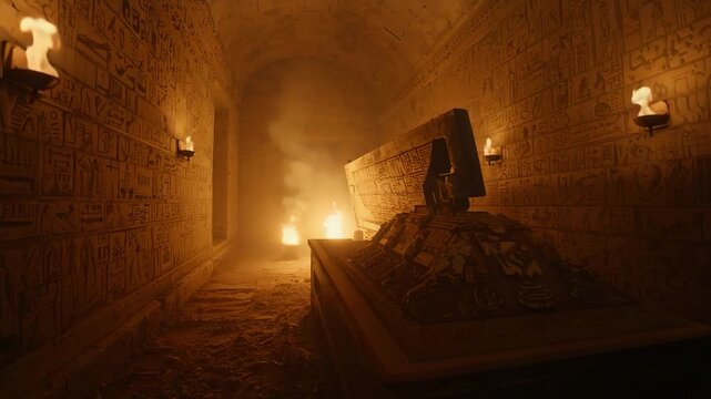 Moving camera revealing stone sarcophagus with cracked lid in tomb corridor, showing carved walls