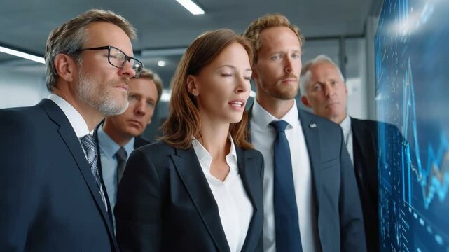 Strategic Insights: A focused team of professionals huddle around a digital display, their gazes fixed on complex data analysis, indicative of intense collaboration, and critical decision-making.