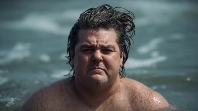 Staring middle-aged bare-chested man keeping balance in shallow sea, waves nudging shoulders