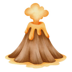 Hand-painted watercolor volcano illustration with erupting orange lava and smoke. Cute cartoon style mountain for educational and nature design. © Pompom