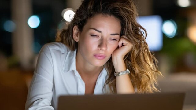 Tired Worker Overtime at night: A woman, weary from a long day, battling fatigue while working overtime at night in a dimly lit office.