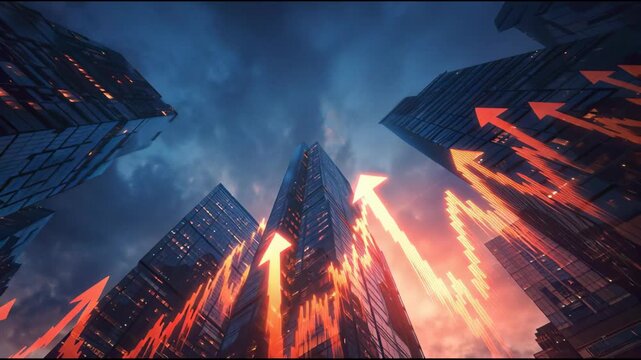 Skyscrapers seamlessly morphing into upward-pointing arrows and flowing financial graphs, rising into the sky to represent economic growth, bullish markets, and long-term prosperity.