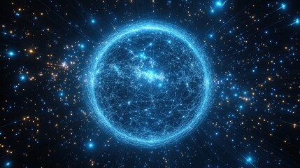 Obraz premium A luminous blue sphere of interconnected digital network lines glows in the vastness of cosmic space with distant stars