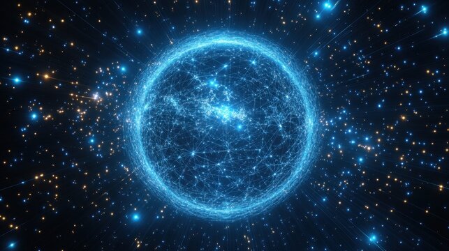 A luminous blue sphere of interconnected digital network lines glows in the vastness of cosmic space with distant stars - Powered by Adobe