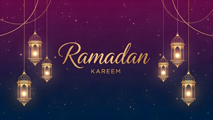 Ramadan kareem with elegant golden lanterns shining brightly on a starry night