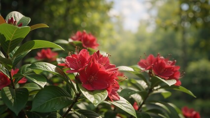 Close-up of red rhododendron flowers blooming in a spring garden. Vibrant blossoms and green leaves with water drops in soft sunlight. Natural floral background with bokeh