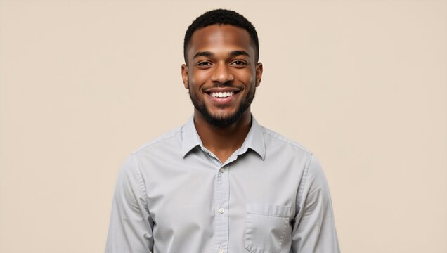 Portrait of a happy young african american man smiling. Confident black male professional looking at the camera in a studio headshot