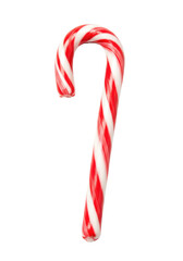 close-up macro photograph of a pristine, high-gloss christmas candy cane featuring vibrant red and white stripes, isolated on a brilliant white studio background. Product photography concept