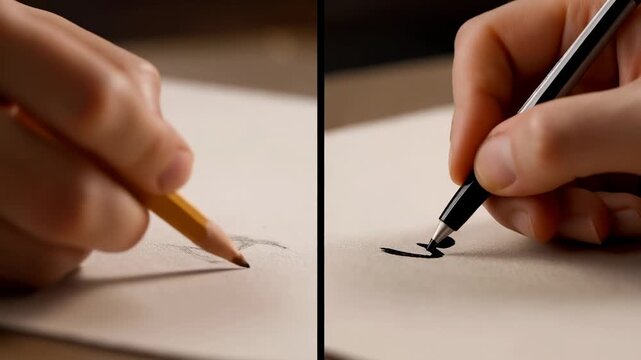 Touching blank paper, two hands drawing at desk, split frame for comparison yellow pencil black pen