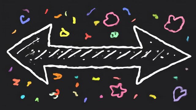 Hand drawn double headed arrow surrounded by colorful confetti and doodles on a blackboard background in a top-down view