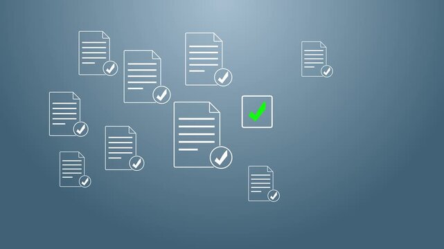 Business person using a laptop with document icons with checkmarks representing document management, quality control, and digital work flow. Motion graphics of document verify concept