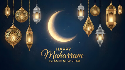 Happy muharram islamic new year greeting with glowing crescent moon and ornate lanterns