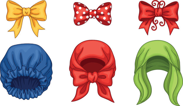 Hair accessory illustration set with bows bonnets headwear and ribbons for fashion design, beauty branding, hairstyles, and flat vector art