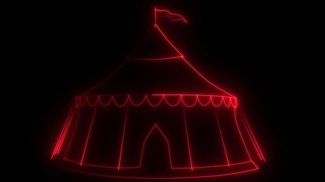 Red and blue striped circus tent with a flag isolated on black background. Motion graphics of neon glow line icon