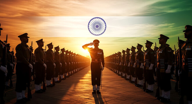 Indian soldiers in silhouette saluting under the national flag during a dramatic sunset, symbolizing patriotism and national pride.