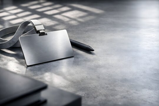Blank metal ID badge and pen on a modern concrete surface with sunlight, perfect for professional branding.
