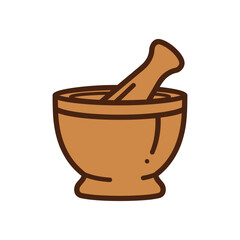 Simple illustration of a brown mortar and pestle, a tool used for grinding and crushing ingredients