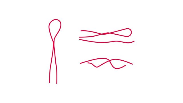Red string with tied bow and loops isolated on transparent background. Motion graphics of smoothly cross line
