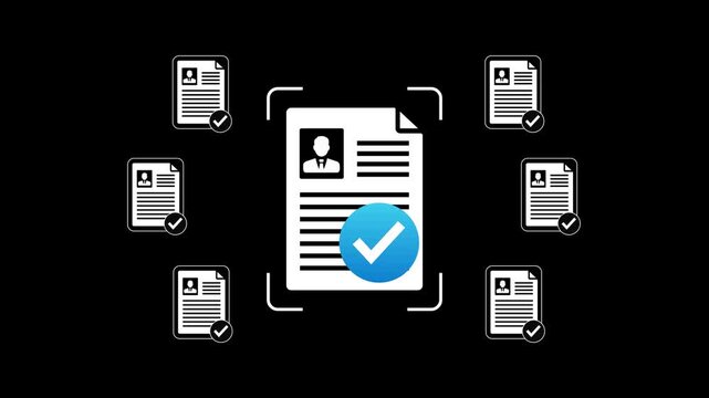 Close-up of person neon glow line with digital approved document icons signifying file verification and recruitment process completion. Motion graphics of personal document verify concept. 3d