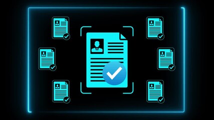 Close-up of person neon glow line with digital approved document icons signifying file verification and recruitment process completion. Motion graphics of personal document verify concept. 3d - Powered by Adobe