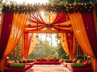 Vibrant indian wedding ceremony decor with red and orange tents