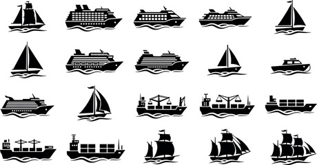 Ship and boat silhouette icon set with cruise ships sailboats cargo vessels and maritime transport shapes for nautical design and flat vector illustration © Sanjida