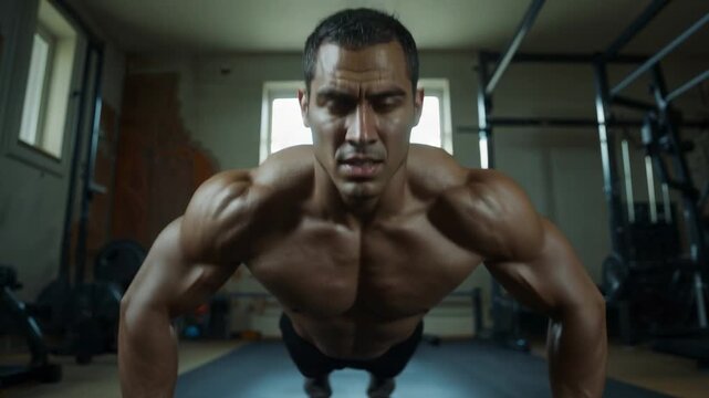 Starting shirtless male athlete pressing chest off black mat in gym, building upperbody strength