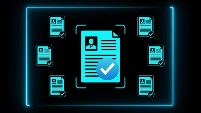Close-up of person neon glow line with digital approved document icons signifying file verification and recruitment process completion. Motion graphics of personal document verify concept. 3d