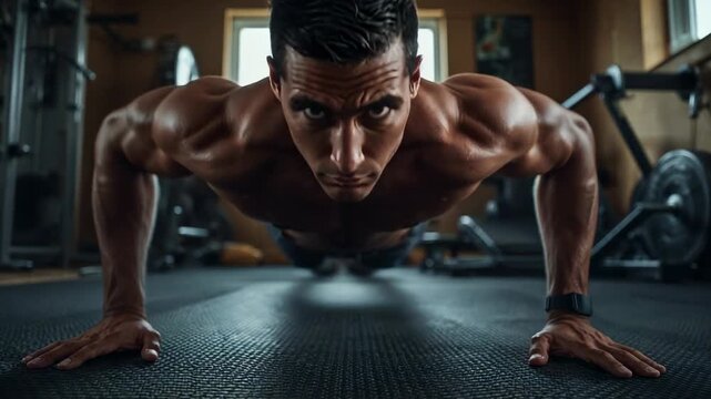 Starting low, shirtless male doing push-ups for strength on rubber mat in home gym, watch visible