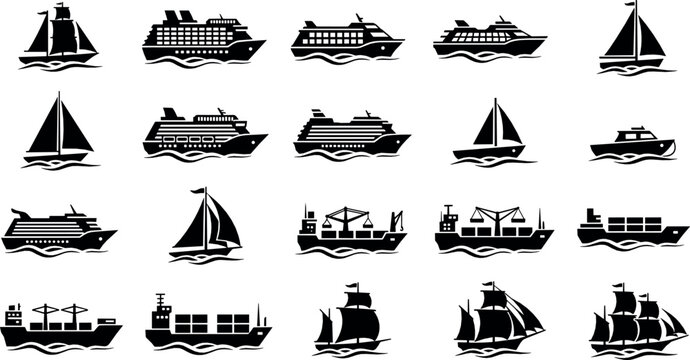 Ship and boat silhouette icon set with cruise ships sailboats cargo vessels and maritime transport shapes for nautical design and flat vector illustration