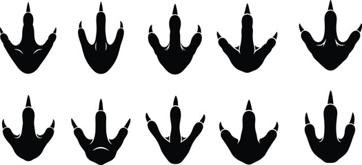 Set of dinosaur footprint silhouettes, prehistoric bird track icons, theropod paw marks, fossil animal trail graphics, jurassic raptor feet elements for design, vector © MstSahanaj