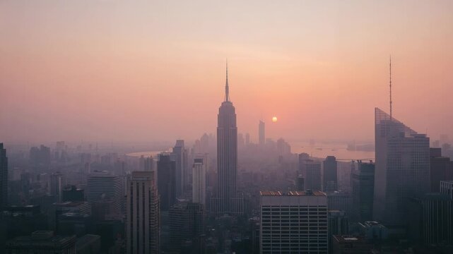 Rising sun brightening tall spire-topped tower and warming city skyline from rooftop, with haze