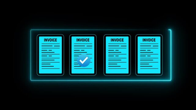 Businessman uses a stylus to approve digital invoices on a virtual interface displayed above a laptop, Motion graphics of invoice document concept