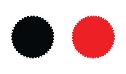 Fototapeta premium Two circular shapes, one solid black and one bright red, with small tooth-like indentations