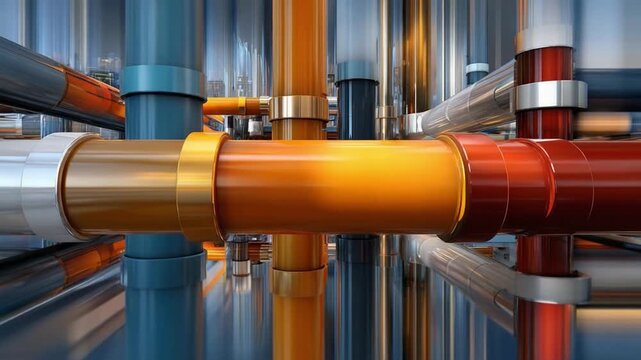 Interconnected Pipes: A dynamic perspective of an intricate network of colorful pipes weaving together, symbolizing the complexity and interconnectedness of modern infrastructure.