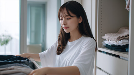 Japanese woman organizing wardrobe at home