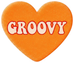 Valentine Orange heart shape with the word Groovy in retro font, candy texture, vintage style