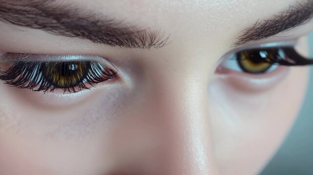 Frame shift causing woman's eyes opening, shifting gaze in studio closeup, showing lash extensions