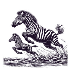 Fototapeta premium zebra and zebra calf jumping over river