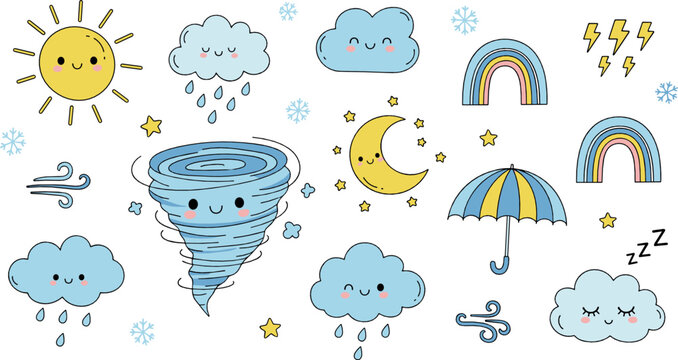 Cute kawaii weather illustration set with smiling sun clouds tornado rainbow moon umbrella and storm icons for kids design, stickers, apps, and flat vector art