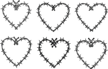 Set of six intricately designed barbed wire hearts, symbolizing resilience, protection, and the complex journey of love