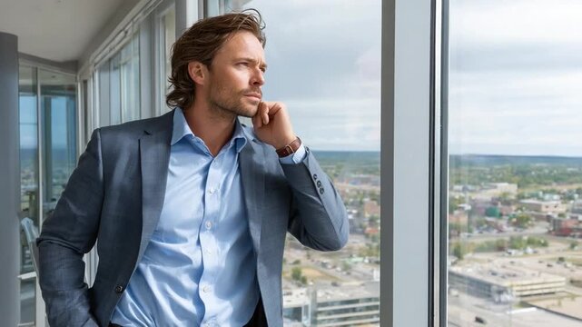 Visionary Contemplation: A distinguished figure gazes thoughtfully from a high-rise window, surveying the city landscape, reflecting on strategy and aspiration.