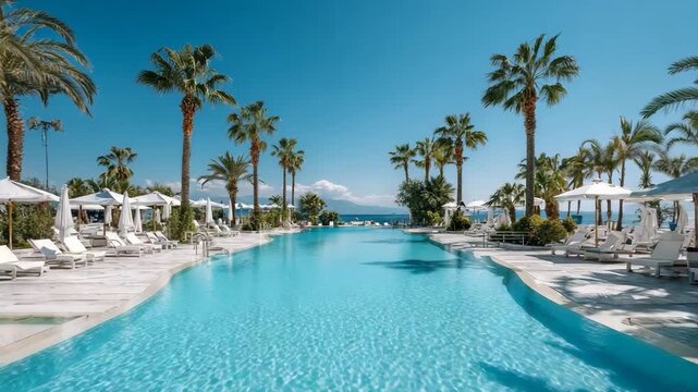 Luxurious tropical resort pool with palm trees and white lounge chairs